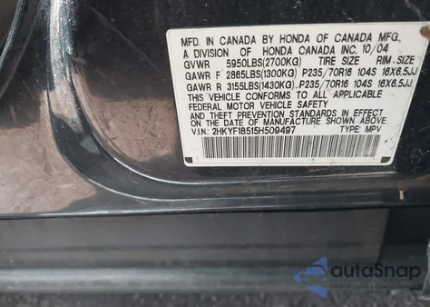 2005 Honda Pilot Ex-L from USA, damaged, VIN 2HKYF18515H509497